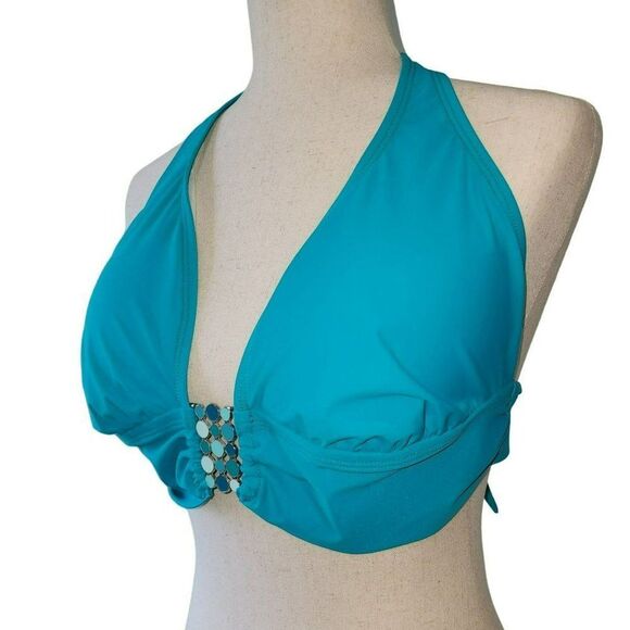 2Bamboo Blue Halter Swim Bikini Top With‎ Metal Design 32DD/34D S/M New - Picture 6 of 7